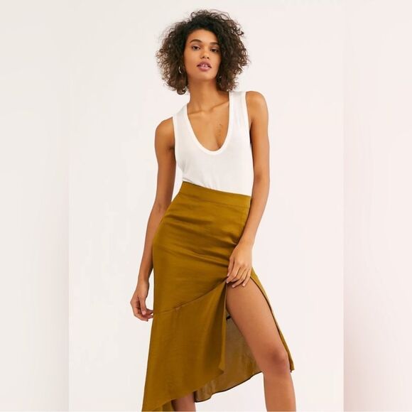 Free people Lola Moss green olive asymmetrical midi skirt with slit size 12 - Picture 1 of 7